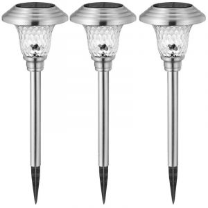 Lot de 3 bornes solaire en acier inoxydable, &eacute;clairage paysager Lanternes solaires d&eacute;coratives pour ext&eacute;rieur, terrasse, jardin, lumi&egrave;re blanche