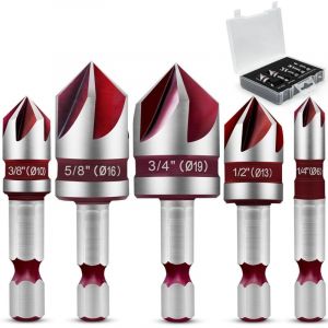 5Pcs Foret &agrave; M&eacute;tal Fraiser, 5 Fl&ucirc;te Fraise &agrave; Chanfreiner M2 HSS Foret Conique 82&deg; Fraise &agrave; Noyer Forets Fraise &agrave; &Eacute;bavurer, 6/10/13/16/19mm Outil de