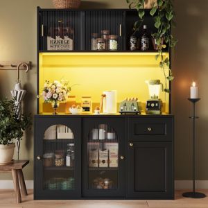 Meuble de cuisine, buffet haut avec &eacute;tag&egrave;res r&eacute;glables et 2 tiroirs, avec &eacute;clairage led, design moderne, 120x35x167cm - Noir