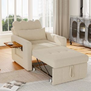 Fauteuil Convertible, Chaise Longue Individuelle avec Dossier R&eacute;glable en 5 Positions, Tablette Lat&eacute;rale et Poche de Rangement, Tissu Chenille,