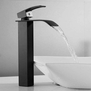 Andyou - Robinet Noir - Cascade avec Haut Bec - Mitigeur Lavabo Haut Mono-trou - Robinetterie Lave-mains avec Levier Unique en Cuivre - Mélangeur
