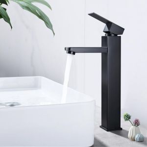 Robinet Salle Bain Noir Robinet de Lavabo Haut Mitigeur lavabo avec Poignée Carrée Robinetterie Lave Mains Démontable Mélangeur l'Eau Chaude et Froide