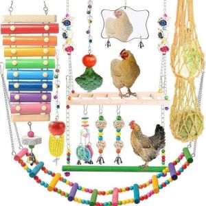 Jouets pour poulailler, 12 pi&egrave;ces de jouets &eacute;ducatifs pour poules, dont xylophone, balan&ccedil;oire, jouet miroir, &eacute;chelle flexible, sac en filet pour