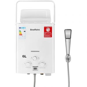 Chauffe-eau &agrave; Gaz Propane Butane LPG 6L 12KW, Chauffe-eau Sans R&eacute;servoir Avec Poign&eacute;e Portable Pour Ext&eacute;rieur, Camping-car, Camping et Cabine, Blanc