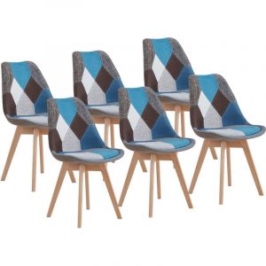 Wokaka Lot de 6 chaise de salle à manger en lin - avec pieds en hêtre massif, design rétro Patchwork multicolore Rembourrées(bleu)