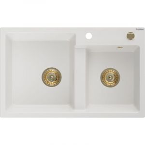 Mexen - Tomas &eacute;vier en granit &agrave; 2 cuves 800 x 500 mm, Blanc, siphon Or - 6516802000-20-G