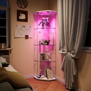 Vitrine d'angle en verre - Vitrine pour collection &agrave; 4 &eacute;tag&egrave;res avec &eacute;clairage LED, design pentagonal, hauteur 162 cm - Lumi&egrave;re tactile, blanc