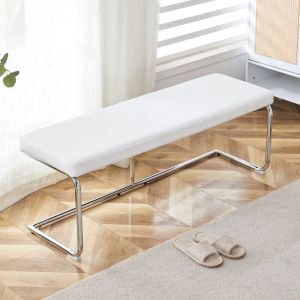 Banc d'entr&eacute;e 130 cm, simili cuir (PU) rembourr&eacute;e, pi&egrave;tement m&eacute;tal chrom&eacute;, multifonction (salle &agrave; manger, couloir, pied de lit) &mdash; blanc