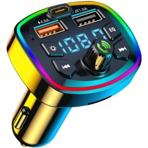Bluetooth Voiture Transmetteur FM, Adaptateur Radio Lecteur de MP3, Allume Cigare Charge Rapide, Musique Accessoire Voiture, Kit Emetteur 4.8A USB,