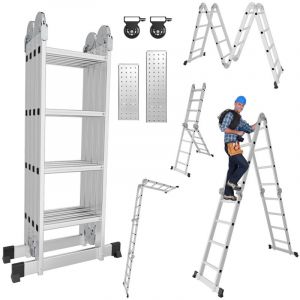 Randaco Echelle pliante articul&eacute;e 4x4 marches, echafaudage multifonction, ecarteur de mur, escabeau, 2 plaques plateforme de travail