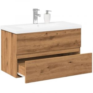 Torana &ndash; Meuble lavabo avec vasque int&eacute;gr&eacute;e en ch&ecirc;ne artisanal &ndash; Dimensions 80x38,5x45 cm &ndash; Tiroir de rangement &ndash; Fixation murale