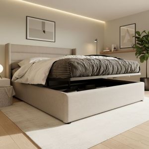 Lit coffre 160x200 avec sommier bois massif - lit double adulte, structure m&eacute;tallique, rev&ecirc;tement en lin, grand espace de rangement - Beige