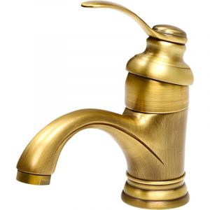 Robinet de lavabo r&eacute;tro de 14 cm de hauteur en laiton, &Eacute;conome en eau, Avec grille en ABS, Mitigeur monocommande pour salle de bain (laiton antique)