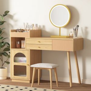 Modfu - Coiffeuse avec miroir et 2 tiroirs, 1 porte, commode, led 3 couleurs, panneaux de particules, 120 x 40 x 90 cm, couleur naturelle (sans