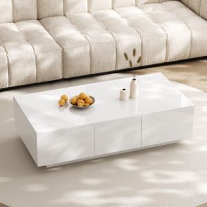 Table Basse rectangulaire 100 cm, avec 2 tiroirs, plateau extensible, espace de rangement, laquée haute brillance, style moderne - Blanc