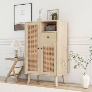 Redom - Buffet aspect bois, 2 portes en rotin, 1 tiroir, meuble d'angle, commode, buffet de rangement, couleur chêne clair, 60x40x101cm