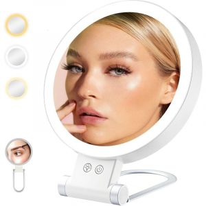 Miroir grossissant, miroir de maquillage &eacute;clair&eacute; double face, miroir de table LED pliable pour chambre, salle de bain, 5x