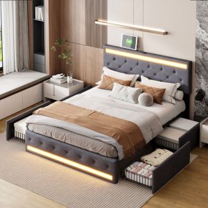 Lit 140x190 avec 4 tirtors,lit capitonné 140 x 190 avec rangement,Lumières led réglables à la tête et au pied du lit,lin,gris