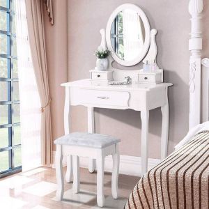 Coiffeuse blanche avec miroir ovale 360°, coiffeuse en bois de pin avec 3 tiroirs et 1 tabouret, ensemble de coiffeuse amovible, style luxe vintage,