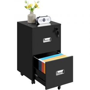 Caisson Bureau avec 2 Tiroirs,Rangement Document à roulettes,Classeur à Fichiers pour Format A4/ Lettre Style Industriel, 40 cm l × 40 cm l × 66,5 cm