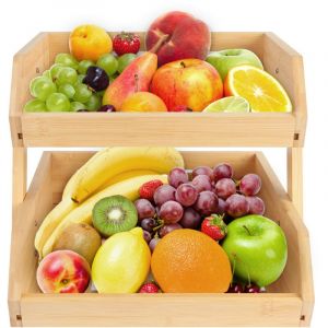 Support de Corbeille à Fruits en Bambou, Support à Panier de Fruits Rangement, Panier Support à Fruits à 2 Niveaux, Organiseur Bol à Fruits