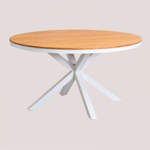 Sklum - Table de jardin ronde en aluminium et bois d'eucalyptus Archer Blanc Gardenia &Oslash;140 cm