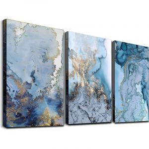 BEBUSINGOTO 3 Pièces Tableaux Toile Abstrait Bleu Et Blanc, Decoration Murale Chambre Salle De Bain，sans cadre