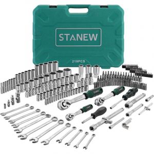 Stanew &ndash; Coffret de 219 outils &ndash; Douilles 1/4', 3/8', 1/2' en acier au chrome vanadium &ndash; Cl&eacute; &agrave; cliquet 72 dents &ndash; Mallette de transport avec rangement