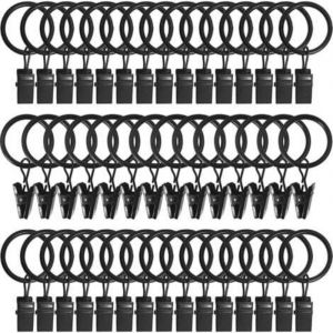 45PCS Anneaux &agrave; rideaux avec pinces - Noir, pinces &agrave; rideaux solides, crochets de fixation pour tringle de tension, crochets d&eacute;coratifs pour rideaux