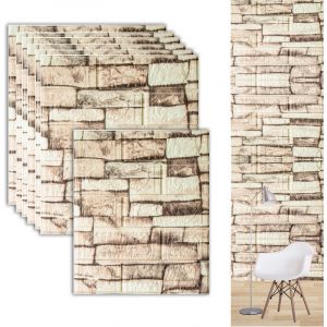 Plaques murales autocollantes 3D 35&times;38 cm &ndash; Lot de 10 &ndash; Effet pierre r&eacute;tro &ndash; Stickers muraux pour salon, chambre et cuisine &ndash; Blanc pierre