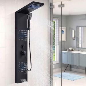 Colonne de Douche Noir LED en Acier inoxydable Multifonction Colonne de Douche Hydromassante avec Mitigeur et Buses Massants