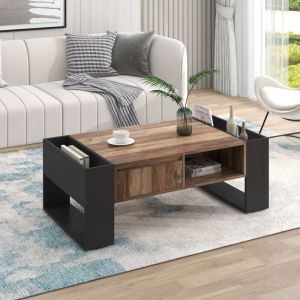 Redom - Table basse en grain de bois avec tiroirs sans poignées, compartiments de rangement, rangement double face, Noir+ Gris