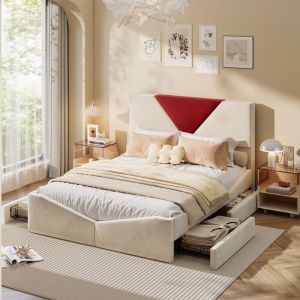 Lit adulte 140x190, lit double avec 4 Tiroirs - T&ecirc;te de Lit Capitonn&eacute;e, Sommier &agrave; Lattes - Design, flanelle, Blanc cass&eacute;