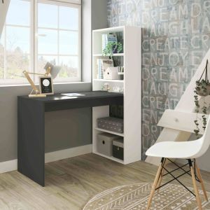 Bureau r&eacute;versible bois blanc et gris avec &eacute;tag&egrave;res