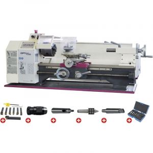 Tour &agrave; m&eacute;taux d'&eacute;tabli hauteur des pointes 125 mm entre-pointes 550 mm al&eacute;sage 21 mm 0,75 kW 230V 6 vitesses avec accessoires Optiturn TU2406 PACK