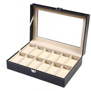 12 fentes bo&icirc;te de montre-bracelet support de montre bo&icirc;te de rangement organisateur noir PU bo&icirc;te d'affichage de montre en cuir