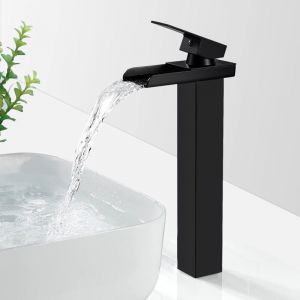 Heytea - Robinet Salle Bain Cascade Noir Mat, Mitigeur Lavabo Cascade Haut, Robinet Lavabo avec bec Hauteur, Robinetterie Vasque ¨¤ Poser Carr¨ en