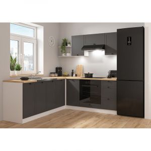 Cuisine d'angle compl&egrave;te 200x220 cm, Meubles de cuisine modulables coloris Gris graphite/Blanc, plan de travail Non inclus