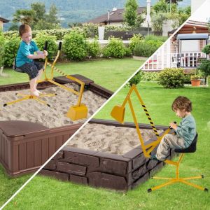 Pelleteuse pour Enfants Jouet Bac &agrave; Sable avec Pelle Flexible Si&egrave;ge Rotatif & Dossier Ergonomique Excavatrice Jaune