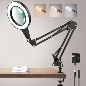 Loupe avec lumi&egrave;re et support, lampe de bureau loupe 8X en verre v&eacute;ritable 2 en 1 et clip, commande tactile 3 modes LED loupe lumineuse &agrave; intensit&eacute;