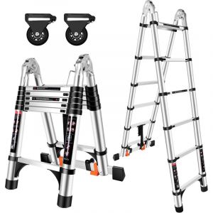 Chelle Polyvalente en Alu de 3,8M (1,9M + 1,9M) Échelle Escabeau Télescopique avec 2 Roues