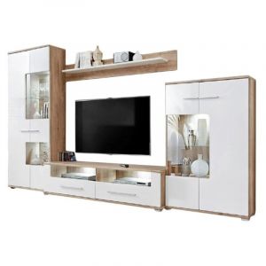 Dusine &ndash; Meuble TV mural blanc laqu&eacute; et ch&ecirc;ne &ndash; Armoire LED 80cm &ndash; Vitrine 80cm &ndash; Grand &eacute;l&eacute;ment bas 160cm &ndash; Style moderne