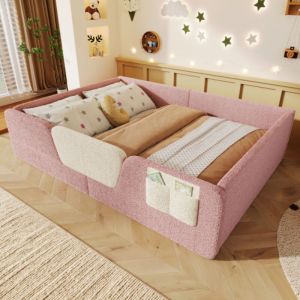 Lit au sol, lit 140x190 cm avec barri&egrave;res de s&eacute;curit&eacute; amovibles, poche en tissu int&eacute;gr&eacute;e, rose velours, sans matelas