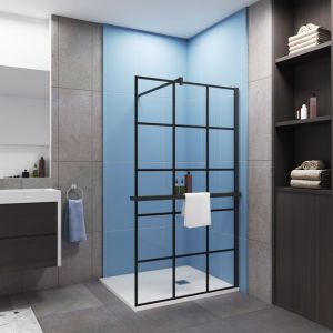 Paroi de douche &agrave; l'italienne s&eacute;rigraphie brique 80x200cm install&eacute; avec une barre de fixation carr&eacute; en 140cm,livr&eacute; avec &eacute;tag&egrave;re de douche noir