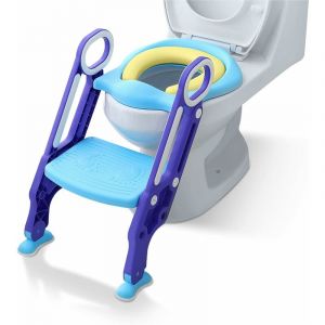 R&eacute;ducteur de WC, Si&egrave;ge de toilette avec escalier pliable - Hauteur r&eacute;glable pour enfants de 1 &agrave; 7 ans - Bleu et violet NAIZY