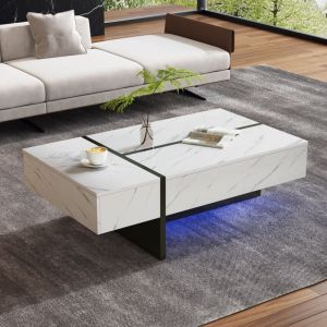 Table basse blanc 105 x 60 x 35 cm, 3 tiroirs, plateau laqu&eacute; effet marbre, LED contr&ocirc;lable via application, panneau de particules