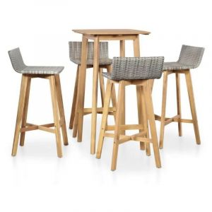 Table de bar carrée et 4 chaises de jardin acacia massif clair et résine tressée gris Vidot