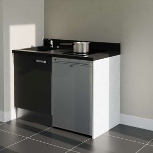 Cuisibane - Kitchenette K08L - 120 cm avec plan monobloc et emplacement frigo top-Noir-Nero-évier à gauche