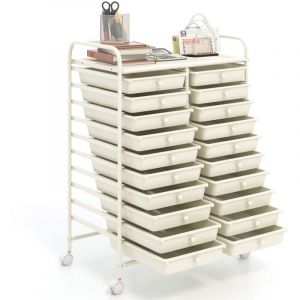 Chariot de Rangement &agrave; Roulette 20 Tiroirs en PP, Tour de Rangement avec Tablette, Cadre en M&eacute;tal, Desserte Meuble Tiroir (Blanc)