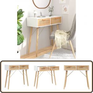 Table console Blanc 80x30x75 cm Bois massif pin /rotin naturel - Table Basse - Meuble Entrée - Table D'appoint - Table Console - Décoration Intérieure